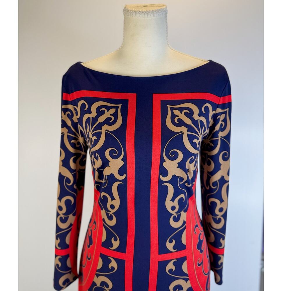 Cache Bodycon Sheath Dress Baroque Navy Red Women’s Medium Boat Neck Geometric - Picture 2 of 16